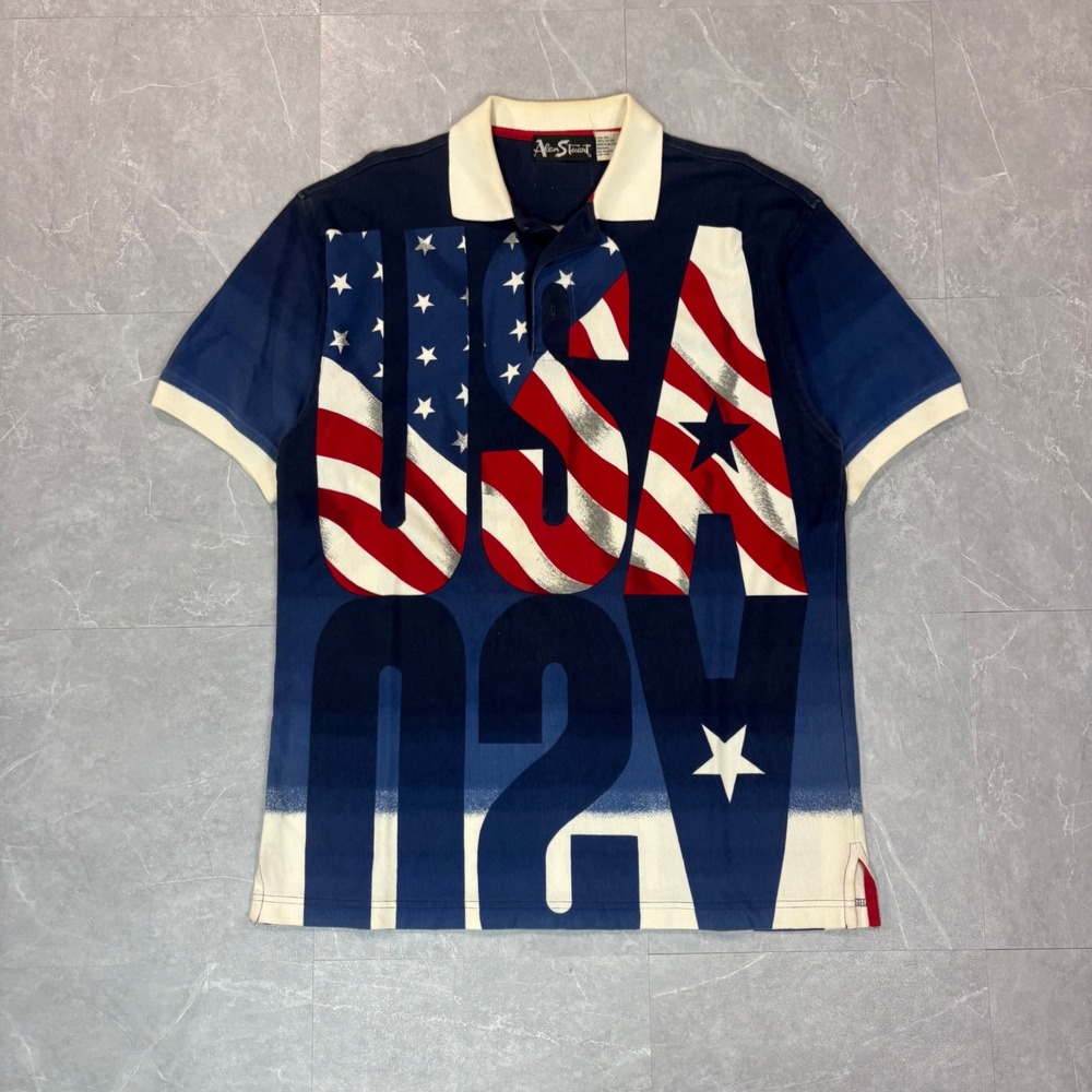 Vintage Alan Stuart USA Stars Stripes Polo Shirt Mens Medium Blue Cotton Pique